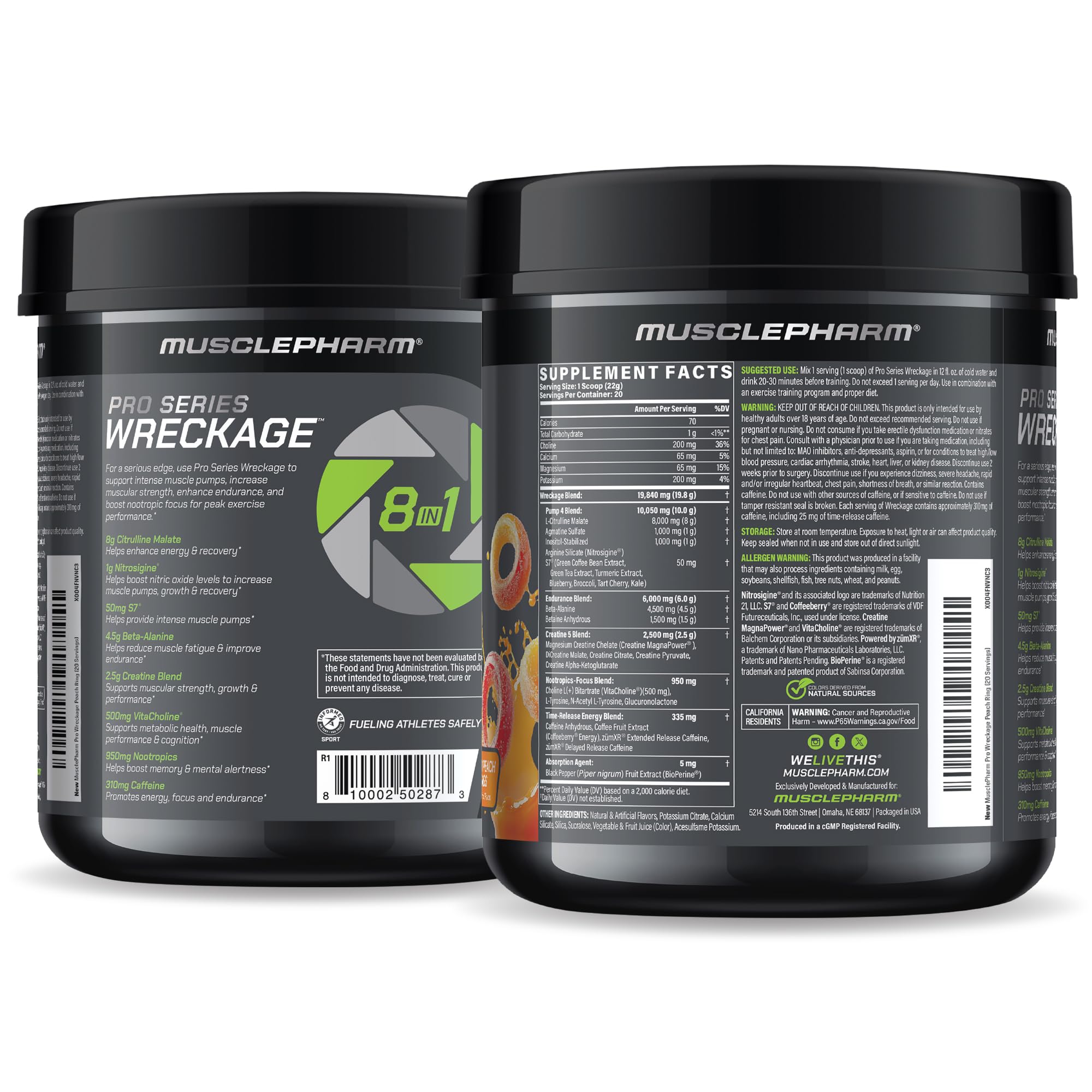 MusclePharm Pro Series WRECKAGE Peach Ring flavor energizes pre-workout routines.