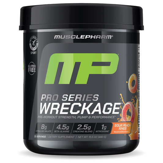 MusclePharm Pro Series WRECKAGE Peach Ring tub, flavor and premium powder.