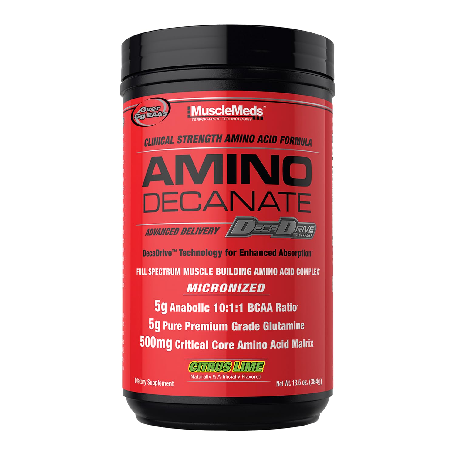 MuscleMeds Amino Decanate bottle with citrus lime flavor for post-workout support