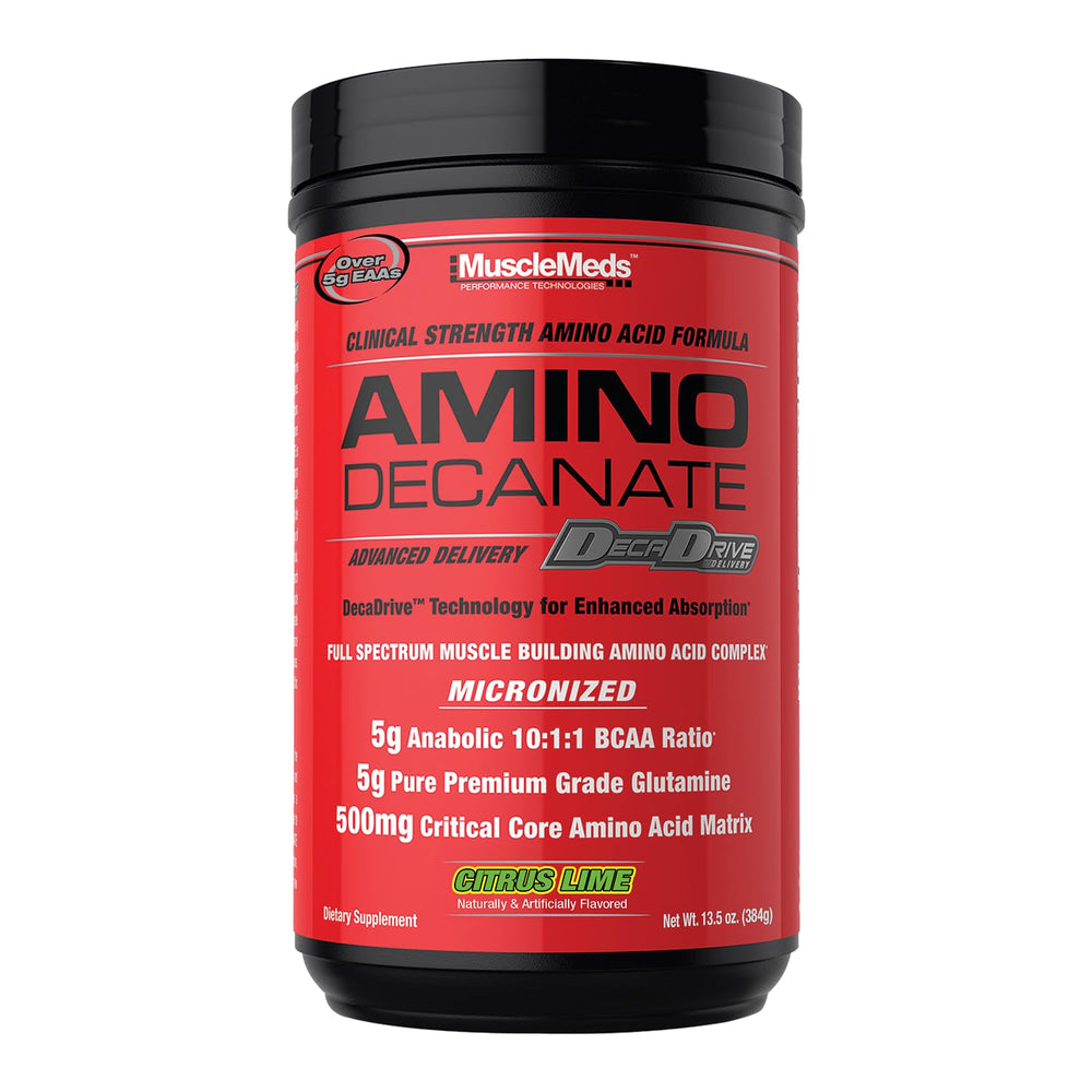 MuscleMeds Amino Decanate bottle with citrus lime flavor for post-workout support