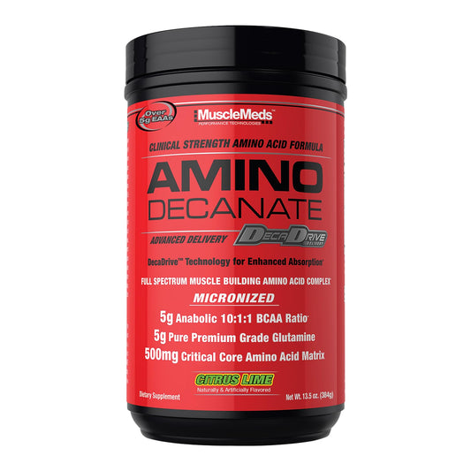 MuscleMeds Amino Decanate bottle with citrus lime flavor for post-workout support