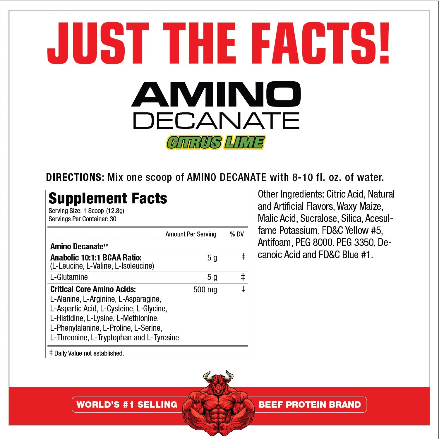 MuscleMeds Amino Decanate powder scoop measuring 5 g portions for serving