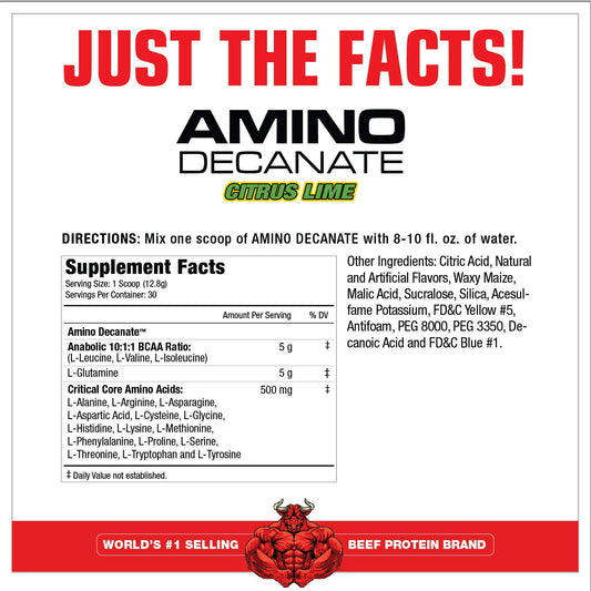 MuscleMeds Amino Decanate powder scoop measuring 5 g portions for serving