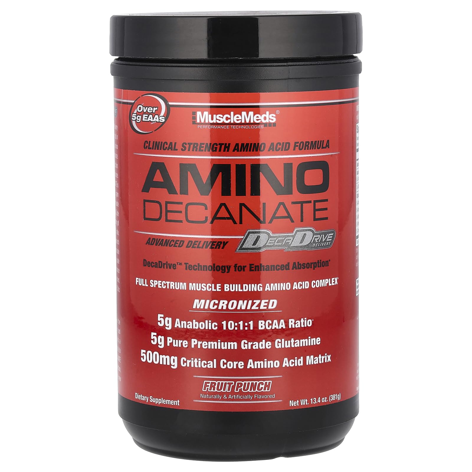 MuscleMeds Amino Decanate tub with scoop for post-workout recovery.