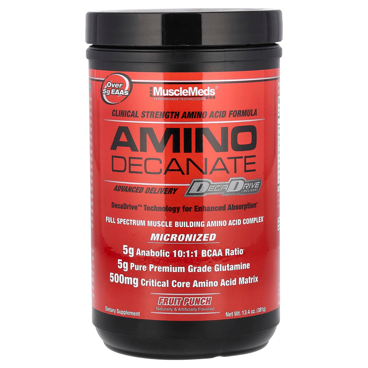 MuscleMeds Amino Decanate tub with scoop for post-workout recovery.