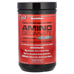 MuscleMeds Amino Decanate tub with scoop for post-workout recovery.