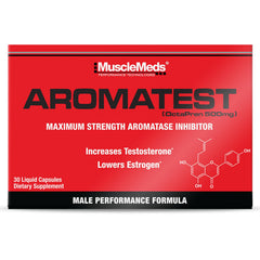 MuscleMeds AROMATEST bottle front highlights potent aromatase inhibition for lean muscle support