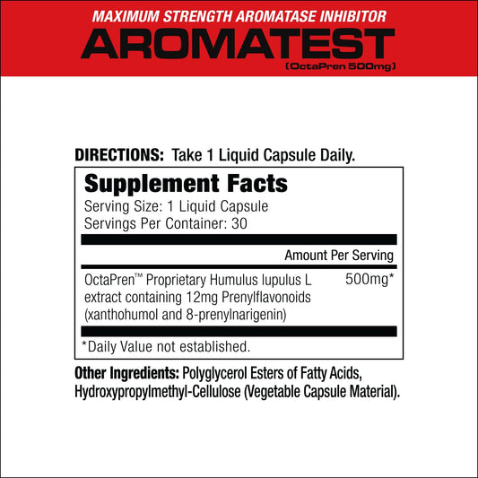 MuscleMeds AROMATEST bottle side showcases compact liquid caps for easy daily use
