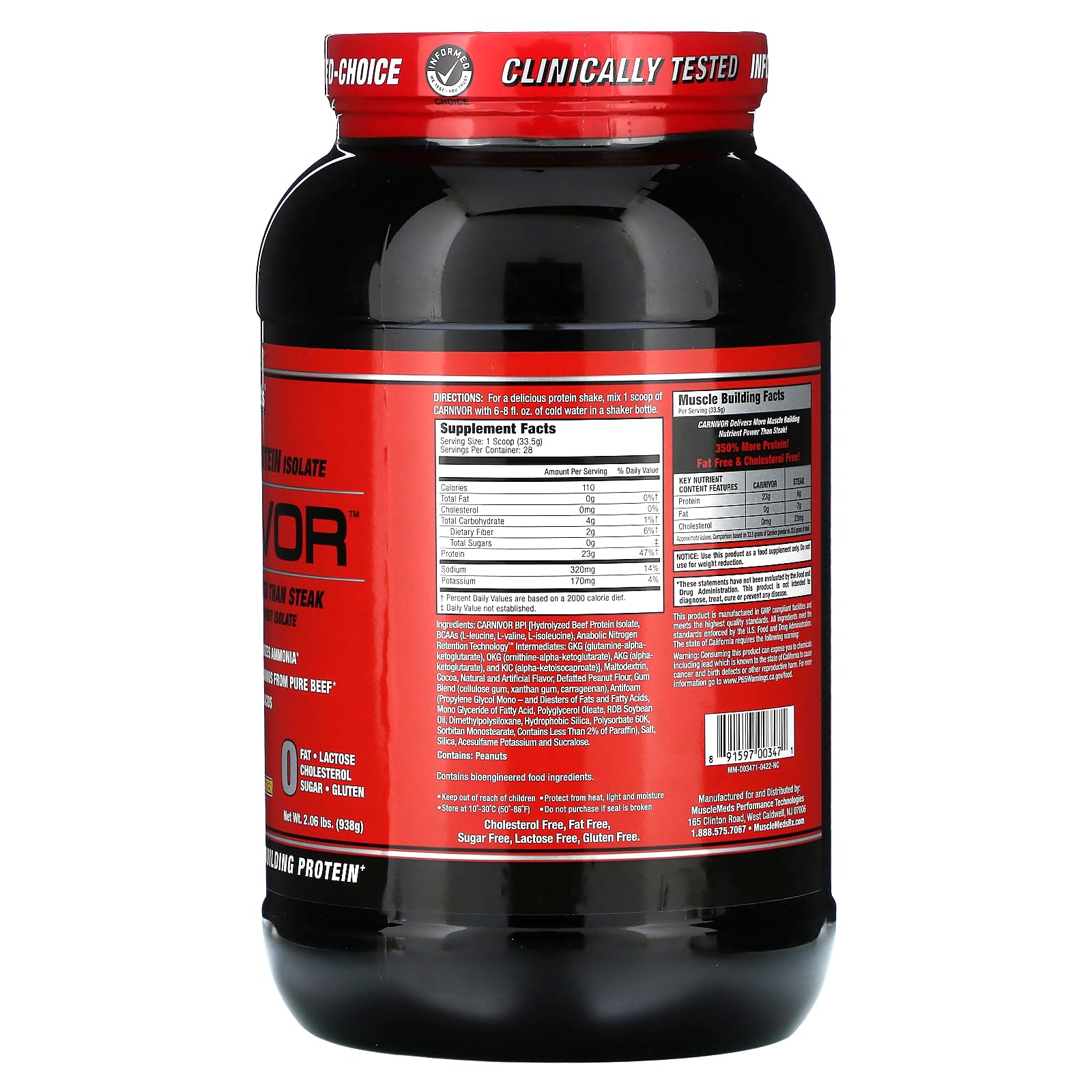 MuscleMeds Carnivor bottle showing label with 23 g protein per serving.