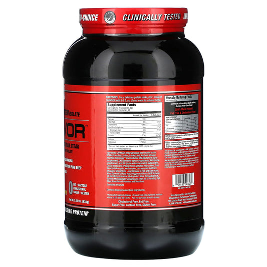 MuscleMeds Carnivor bottle showing label with 23 g protein per serving.