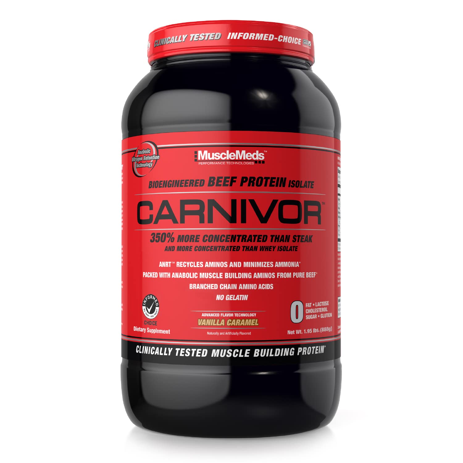 MuscleMeds Carnivor beef protein isolate bottle shows purity and halal certification.