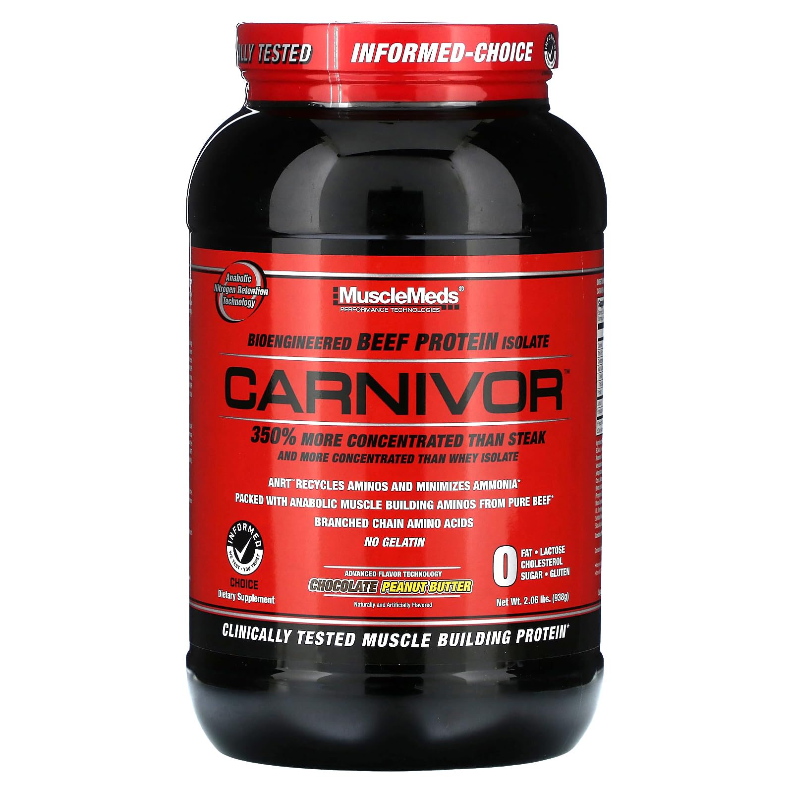 MuscleMeds Carnivor beef protein isolate powder in chocolate peanut butter flavor for high-protein shakes.