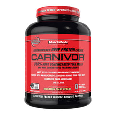MuscleMeds Carnivor bottle showing lactose free and sugar free formula in Cinnamon Toast