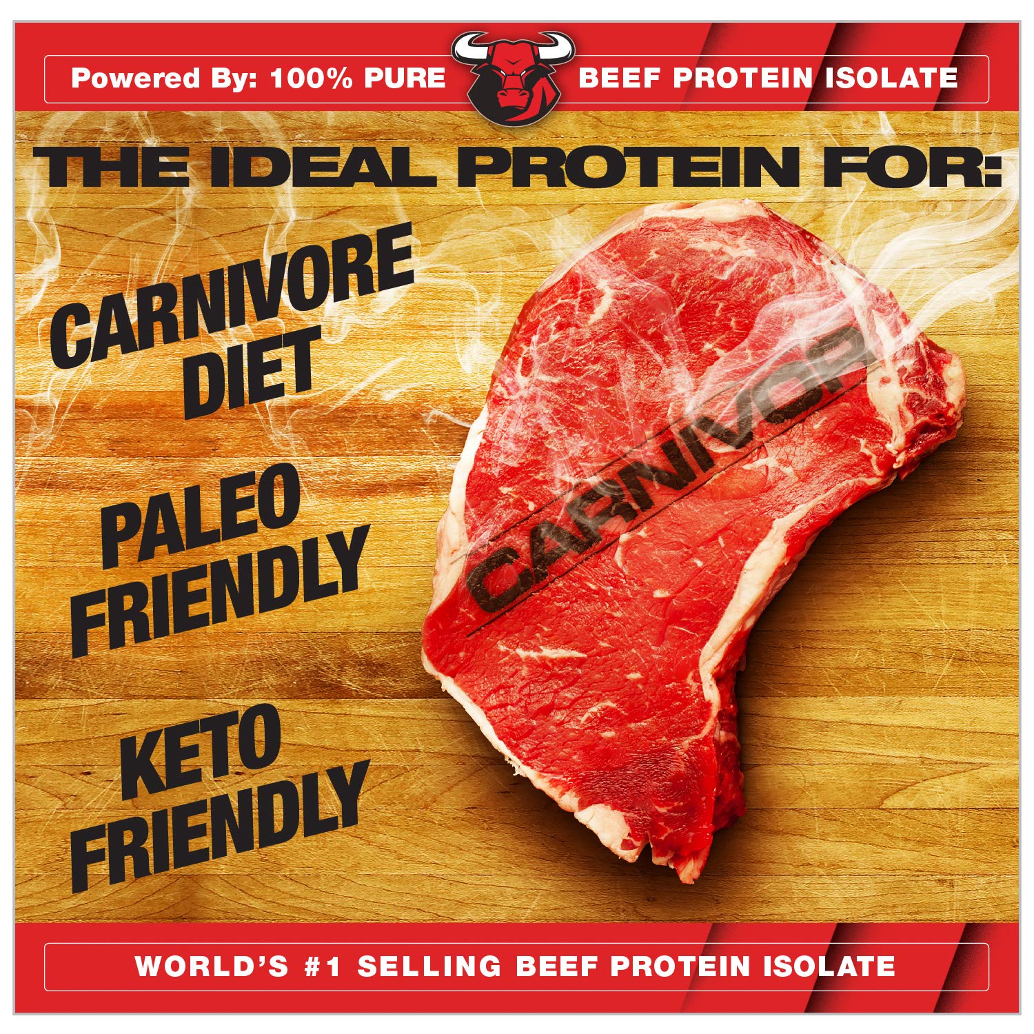MuscleMeds Carnivor Beef Protein Isolate Fruit Punch container emphasizes fat-free formula
