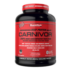 MuscleMeds Carnivor Beef Protein Isolate Fruit Punch tub, highlighting premium beef protein