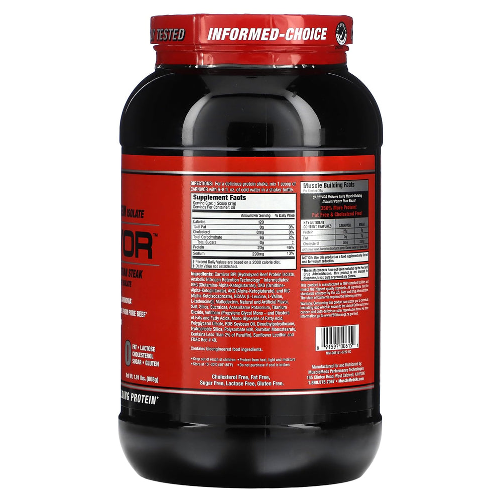 MuscleMeds CARNIVOR label shows 23g protein per serving for lean muscle support