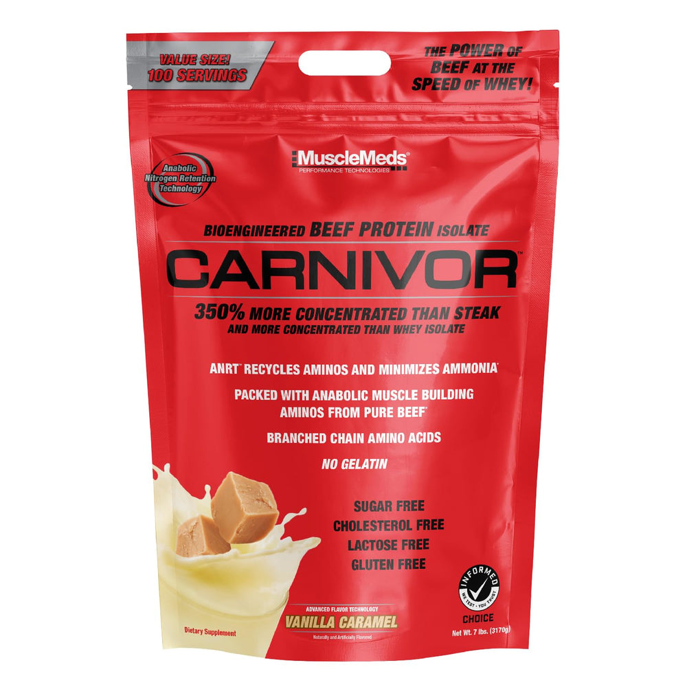 Packaging for MuscleMeds Carnivor Vanilla Caramel with halal certification