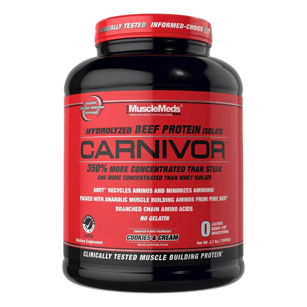 MuscleMeds Carnivor cookies and cream powder jar supports lean muscle with beef protein isolate