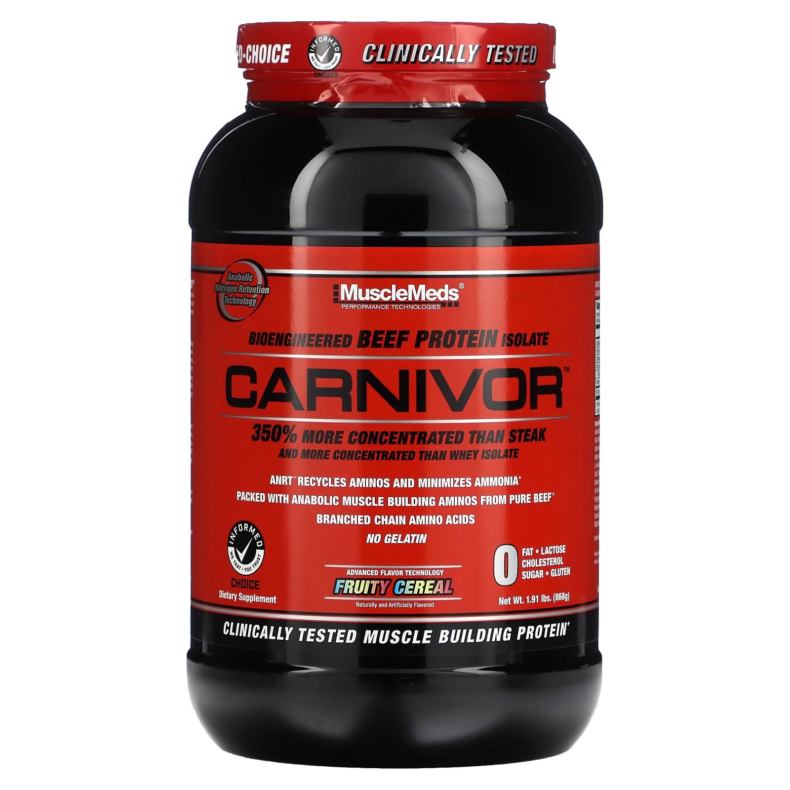 MuscleMeds CARNIVOR beef protein isolate powder being poured for a lactose-free shake