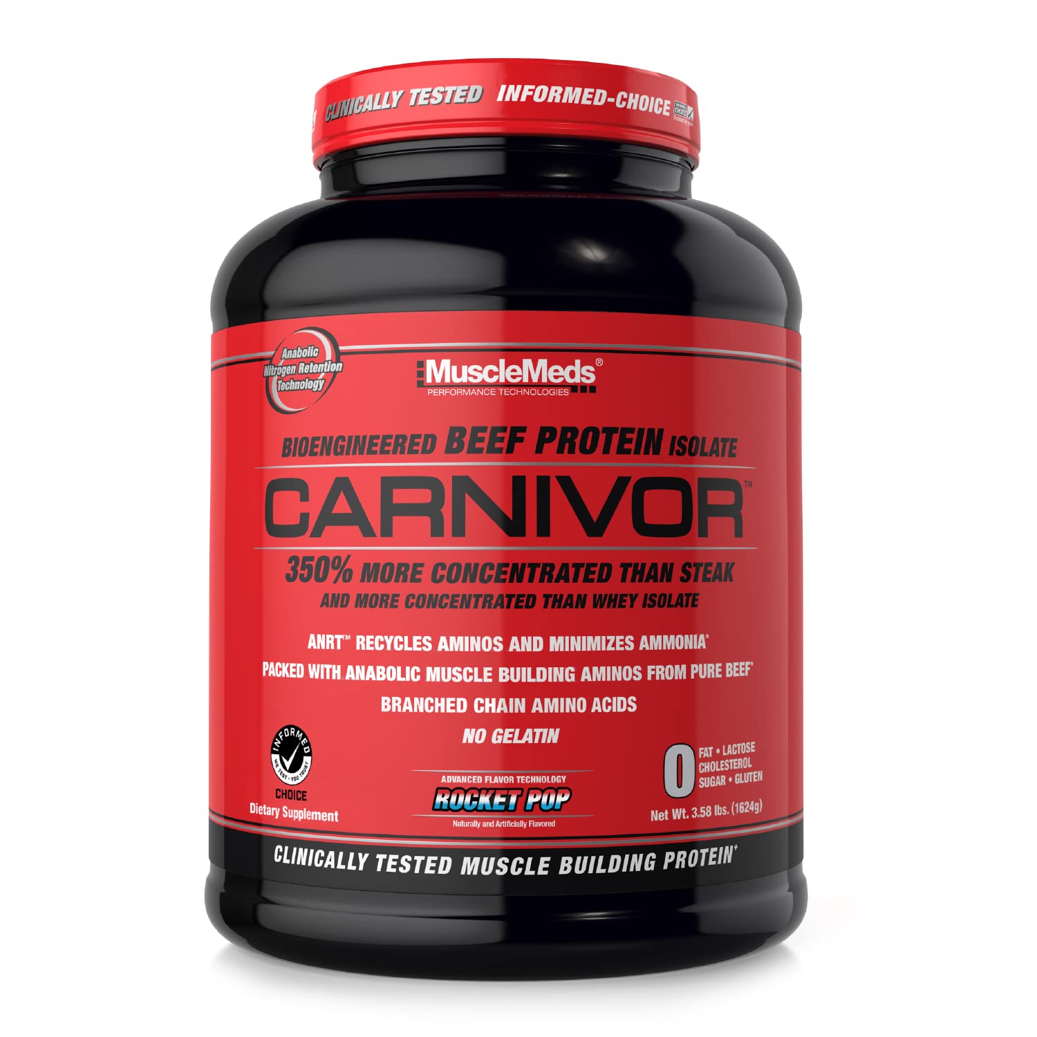 MuscleMeds CARNIVOR beef protein isolate tub front in Rocket Pop flavor showing 23g protein for muscle recovery