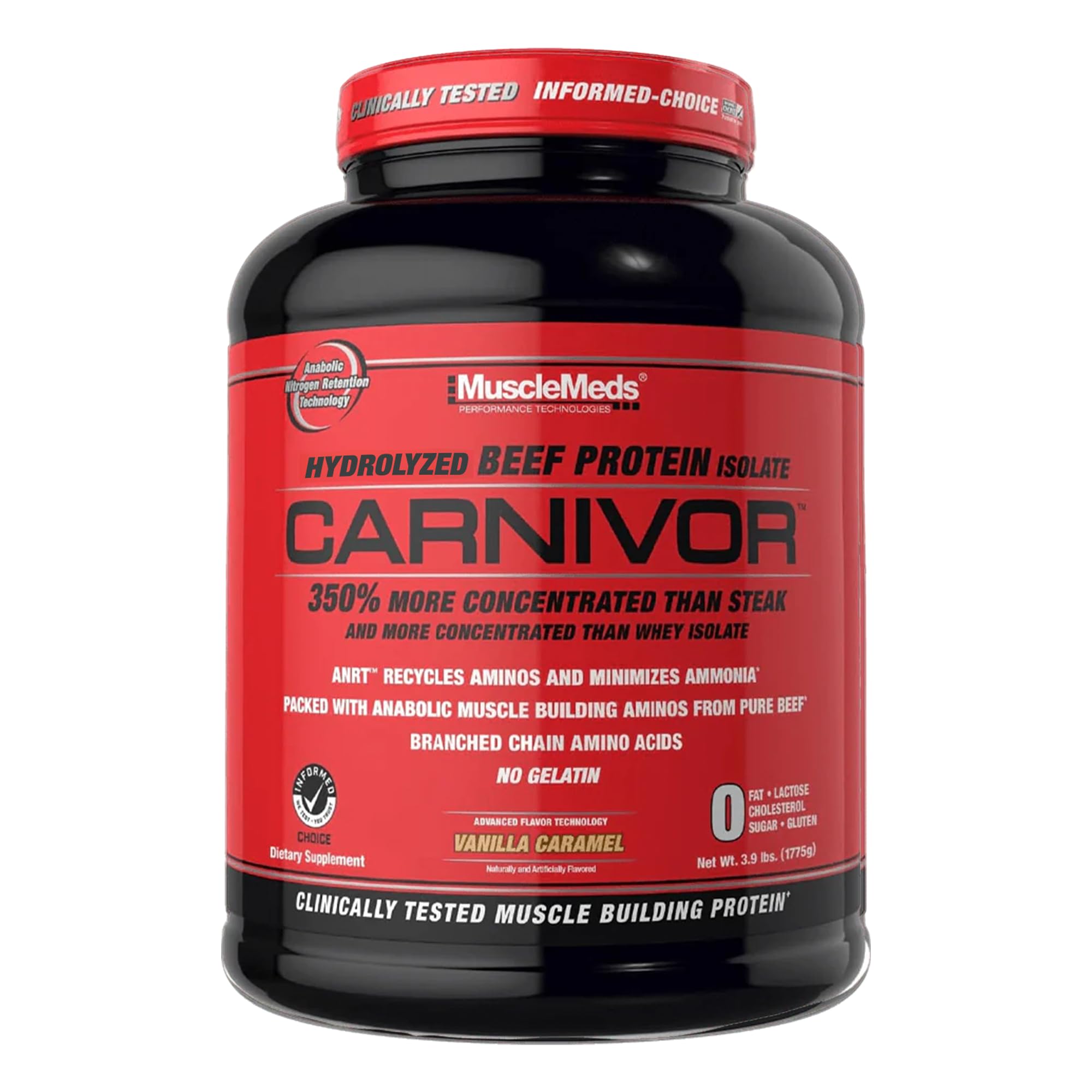 MuscleMeds Carnivor beef protein isolate vanilla caramel bottle highlights high-protein post-workout fuel