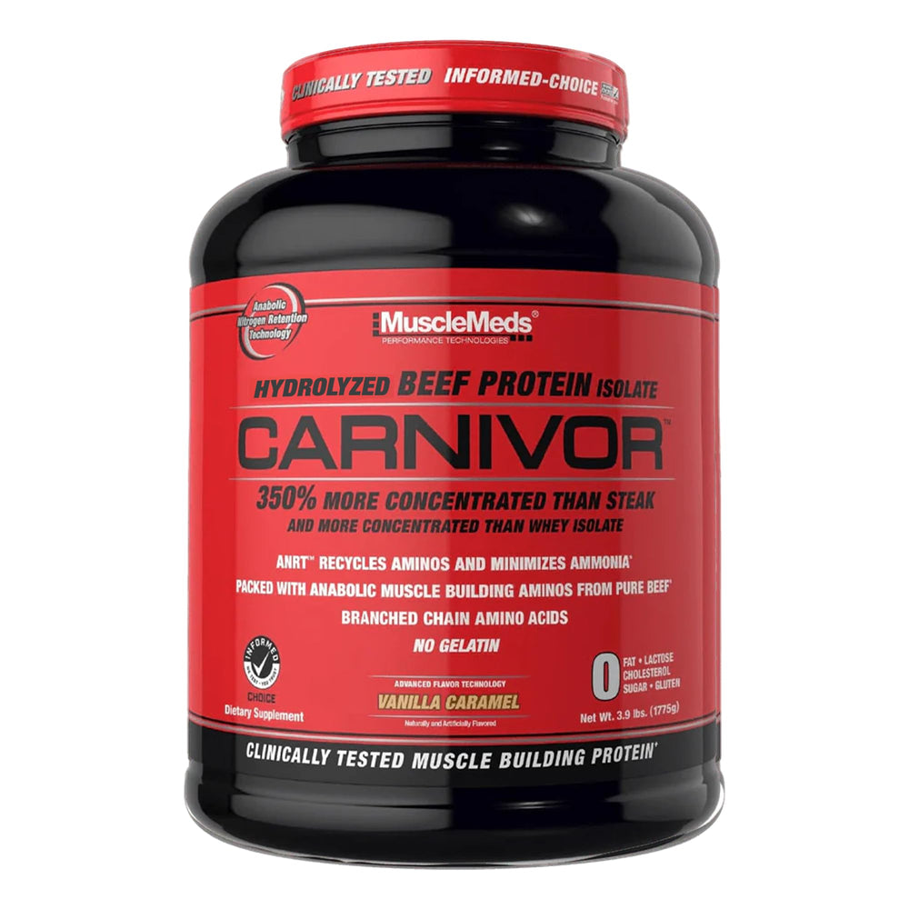 MuscleMeds Carnivor beef protein isolate vanilla caramel bottle highlights high-protein post-workout fuel