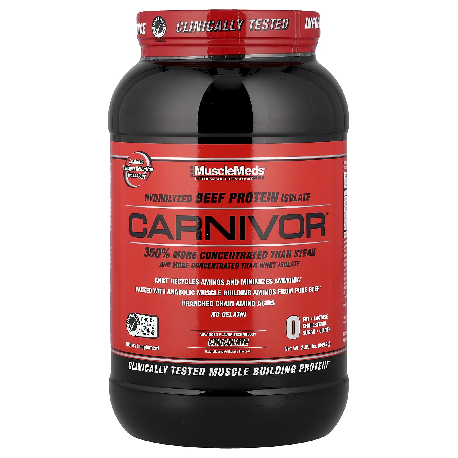 MuscleMeds Carnivor bottle highlighting lactose-free beef protein for muscle support