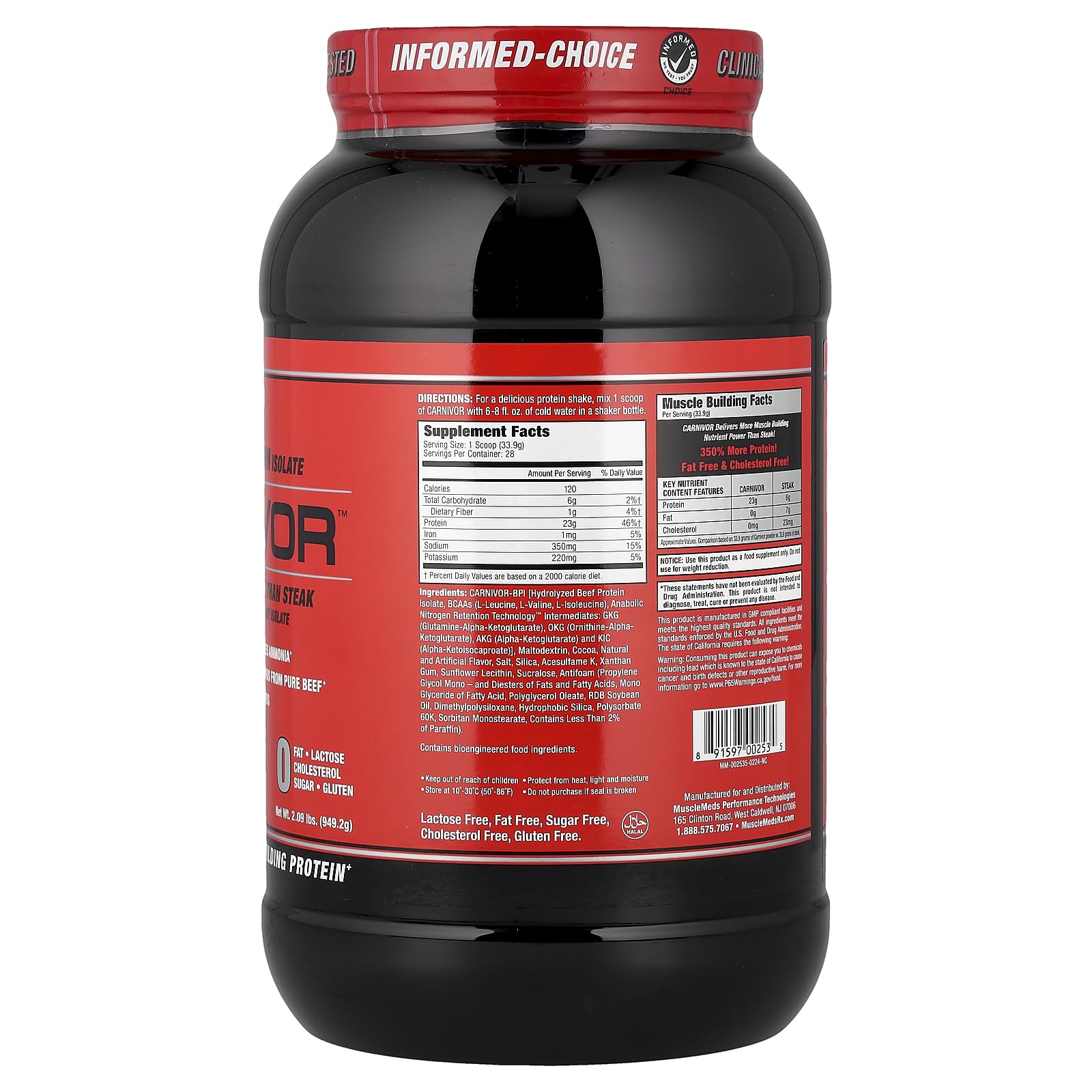 MuscleMeds Carnivor label emphasizing 23g protein per serving and halal certification
