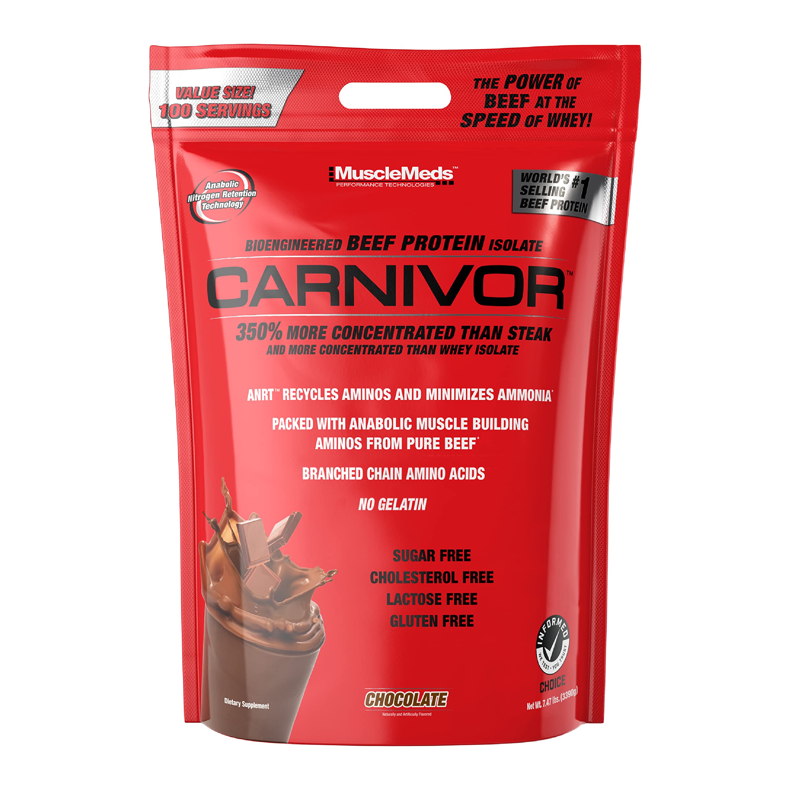MuscleMeds Carnivor bottle front highlights beef protein isolate for athletes.