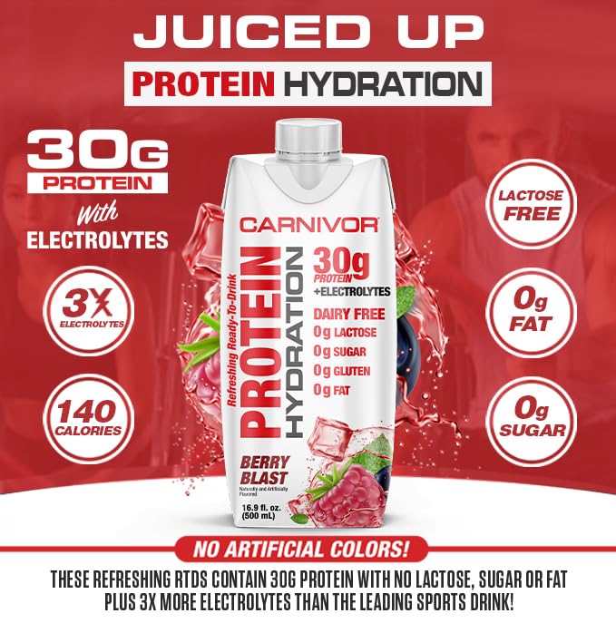 Berry Blast Carnivor Hydration RTD bottle highlighting halal certification and sugar-free formula.