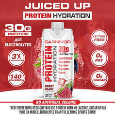 Berry Blast Carnivor Hydration RTD bottle highlighting halal certification and sugar-free formula.