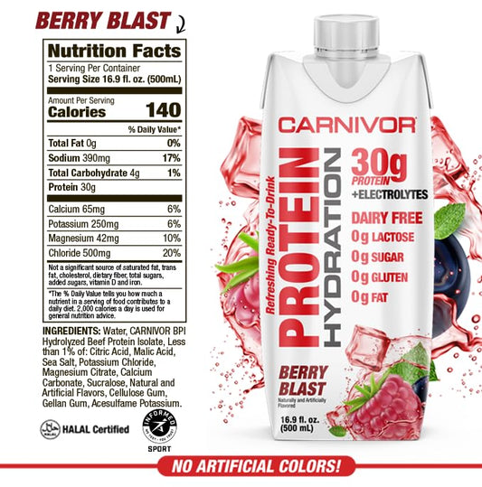 Close-up of Carnivor RTD label showing lactose-free protein and electrolytes.