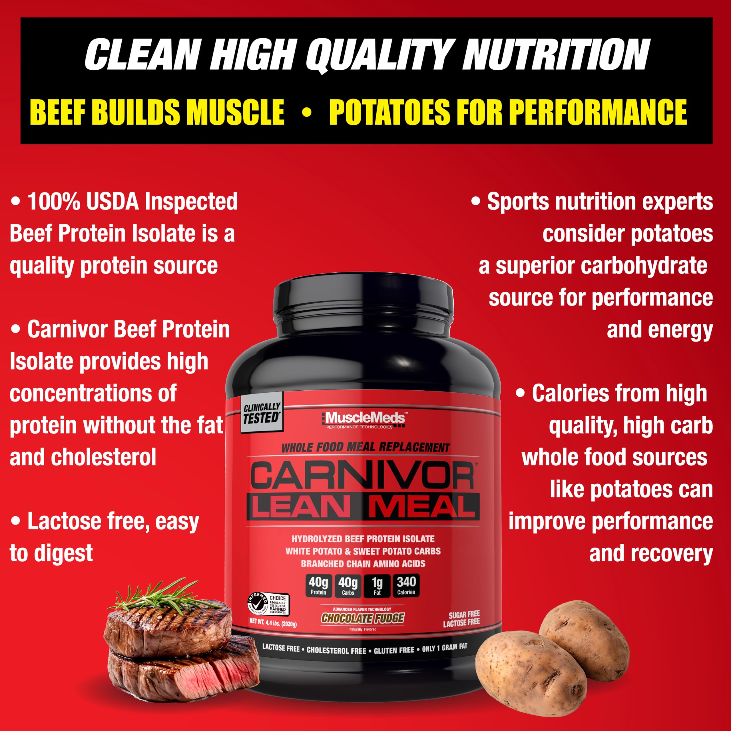 MuscleMeds Carnivor Lean Meal chocolate fudge packaging emphasizing convenient meal replacement.