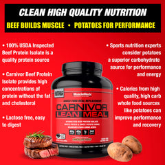 MuscleMeds Carnivor Lean Meal chocolate fudge packaging emphasizing convenient meal replacement.