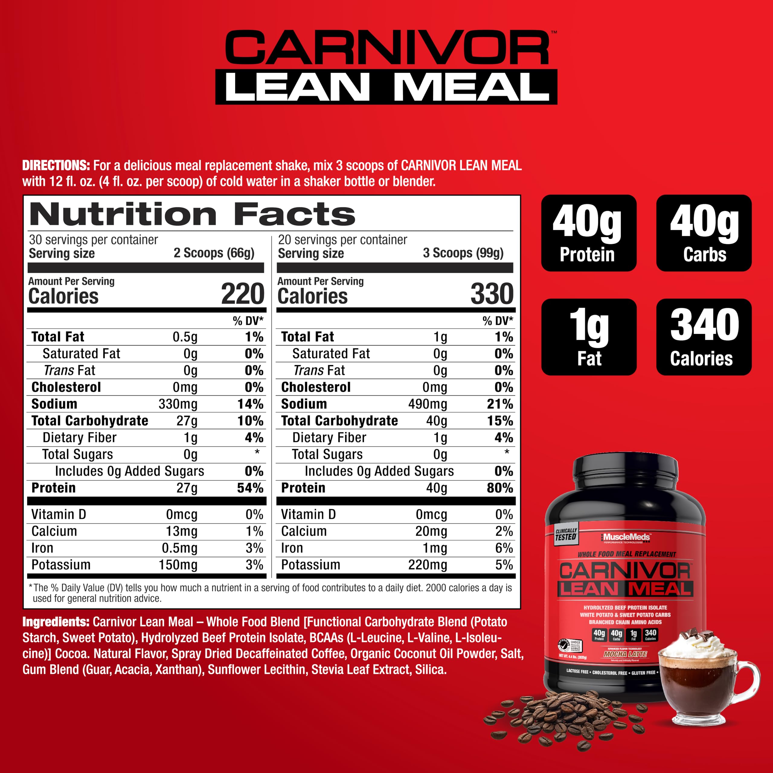 MuscleMeds Carnivor Lean Meal label close-up emphasizing 40 g protein per serving