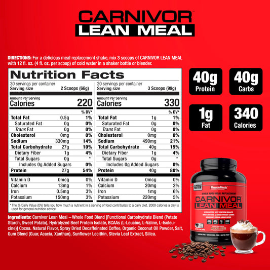MuscleMeds Carnivor Lean Meal label close-up emphasizing 40 g protein per serving