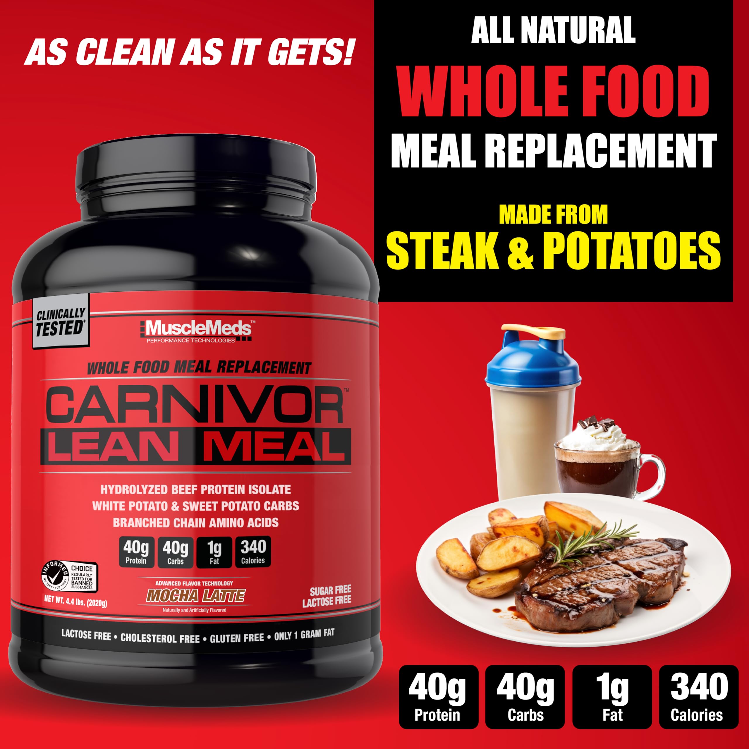 MuscleMeds Carnivor Lean Meal mocha latte shake poured for a refreshing meal replacement