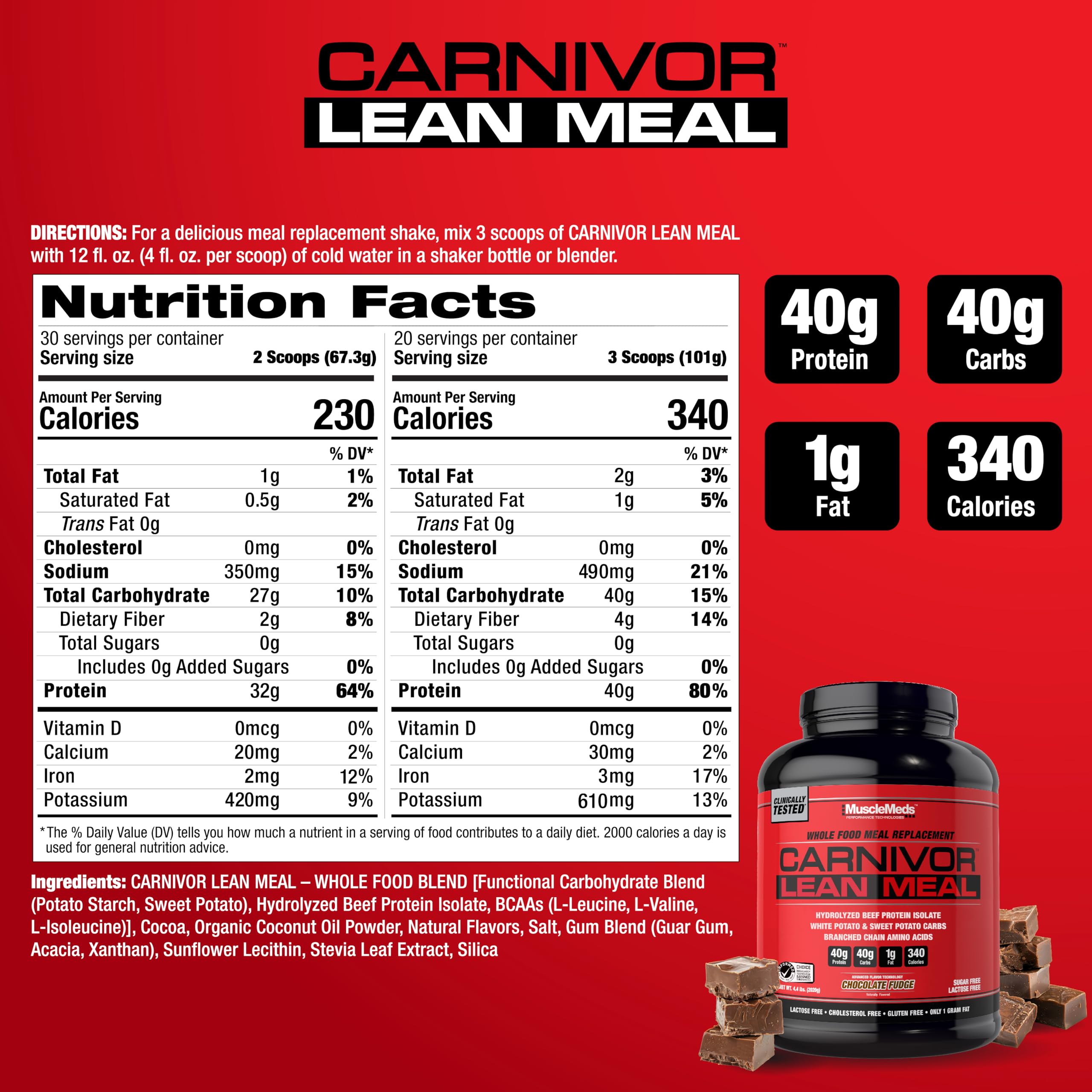 MuscleMeds Carnivor Lean Meal powder scoop highlighting 40g protein per serving.