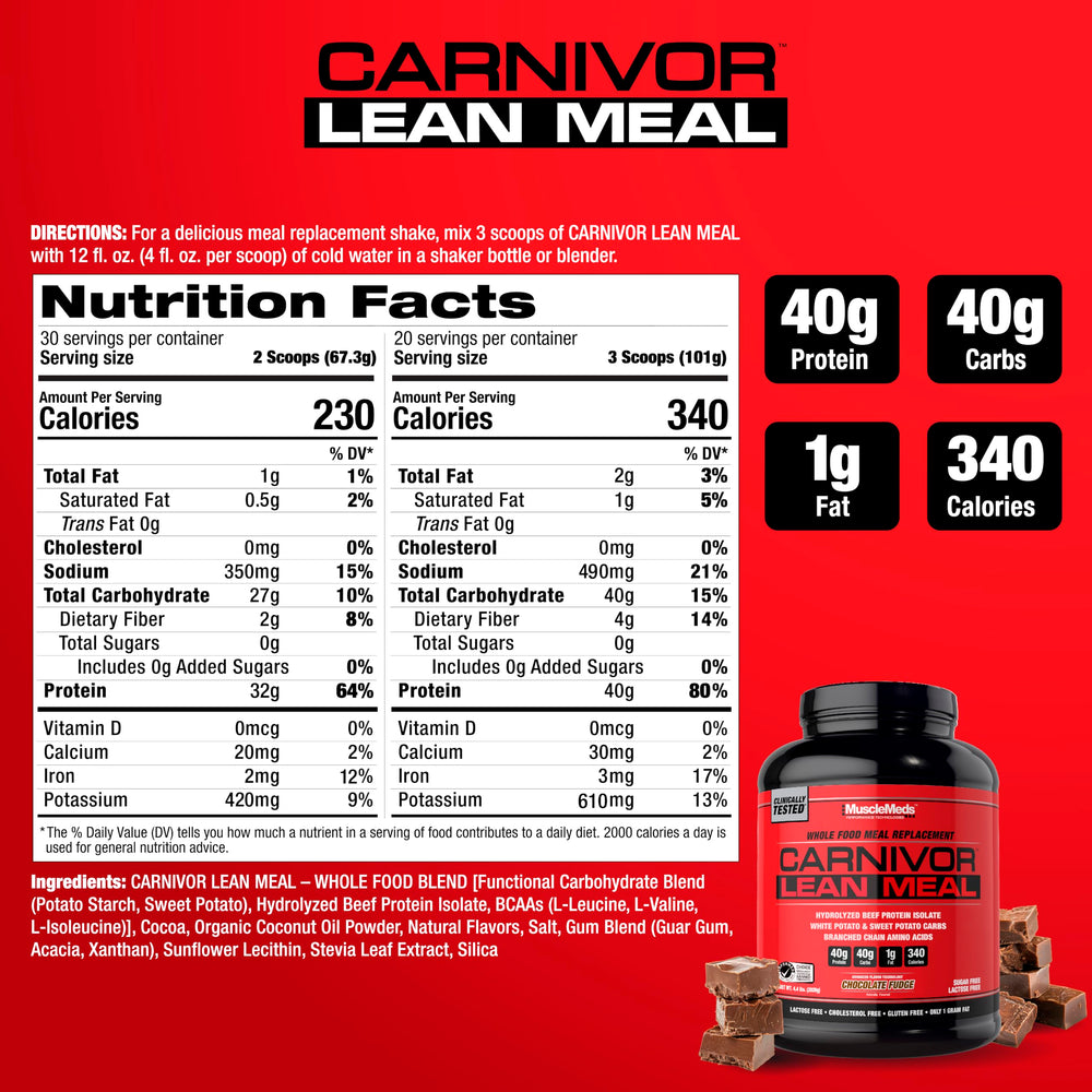 MuscleMeds Carnivor Lean Meal powder scoop highlighting 40g protein per serving.