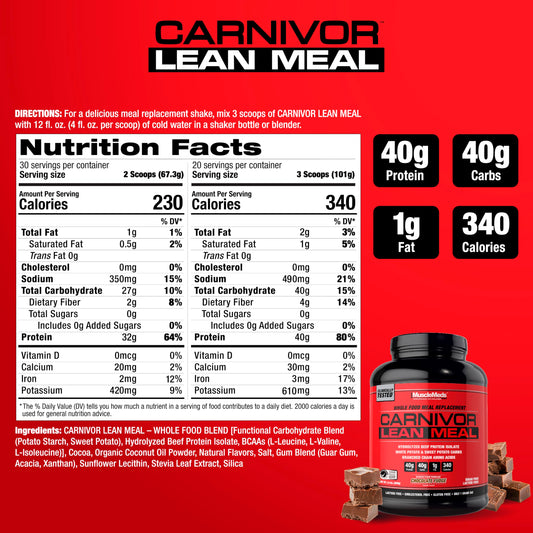 MuscleMeds Carnivor Lean Meal powder scoop highlighting 40g protein per serving.