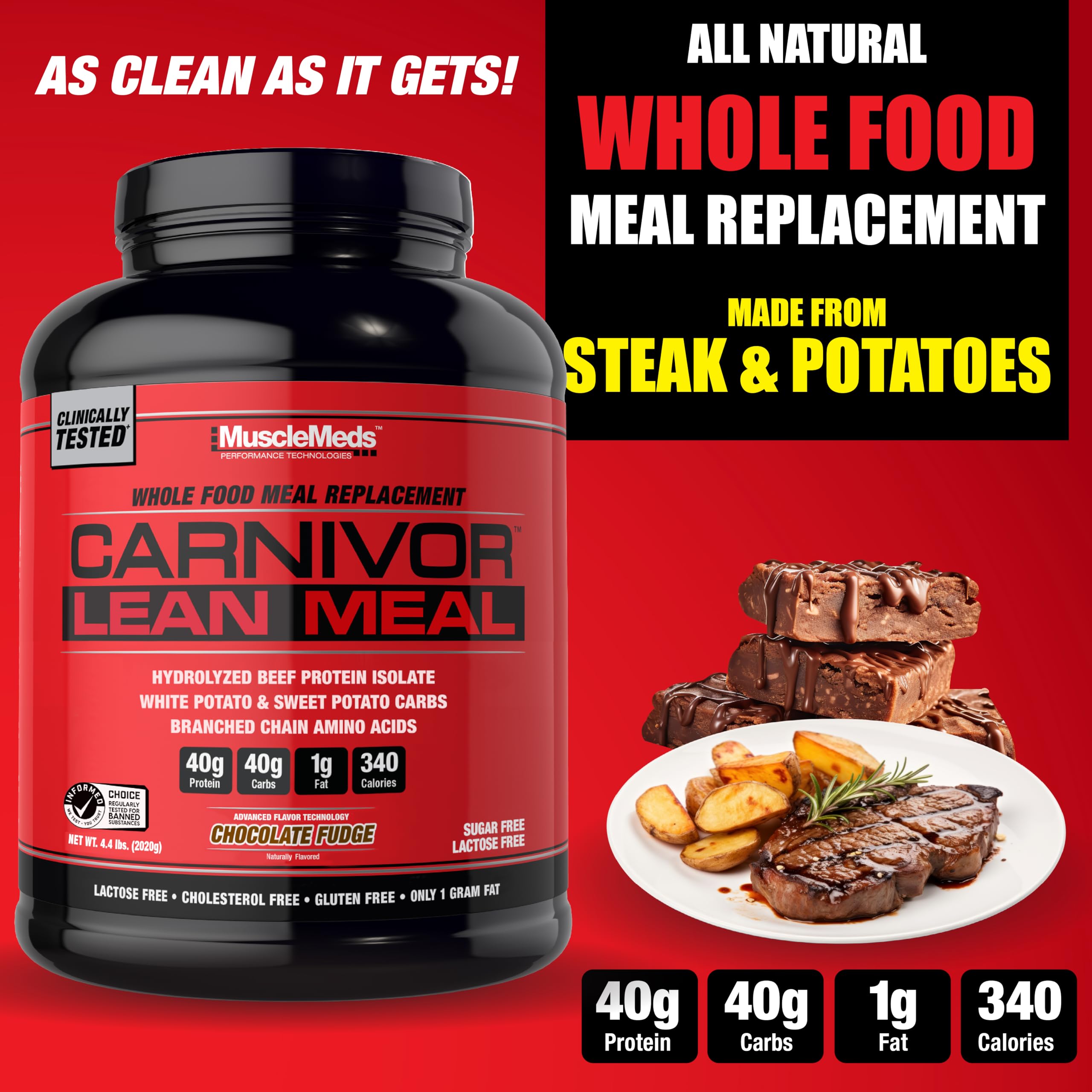 MuscleMeds Carnivor Lean Meal shake glass highlighting lactose-free nutrition.