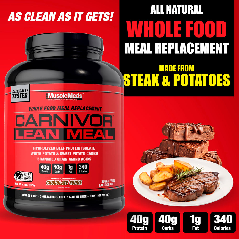 MuscleMeds Carnivor Lean Meal shake glass highlighting lactose-free nutrition.
