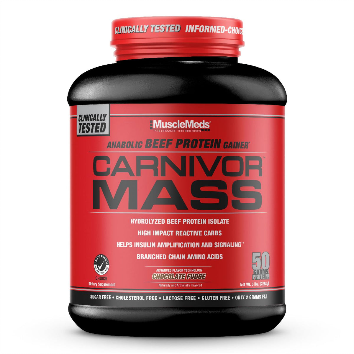 MuscleMeds Carnivor Mass bottle showing beef protein isolate for a high‑protein shake
