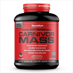 MuscleMeds Carnivor Mass bottle showing beef protein isolate for a high‑protein shake