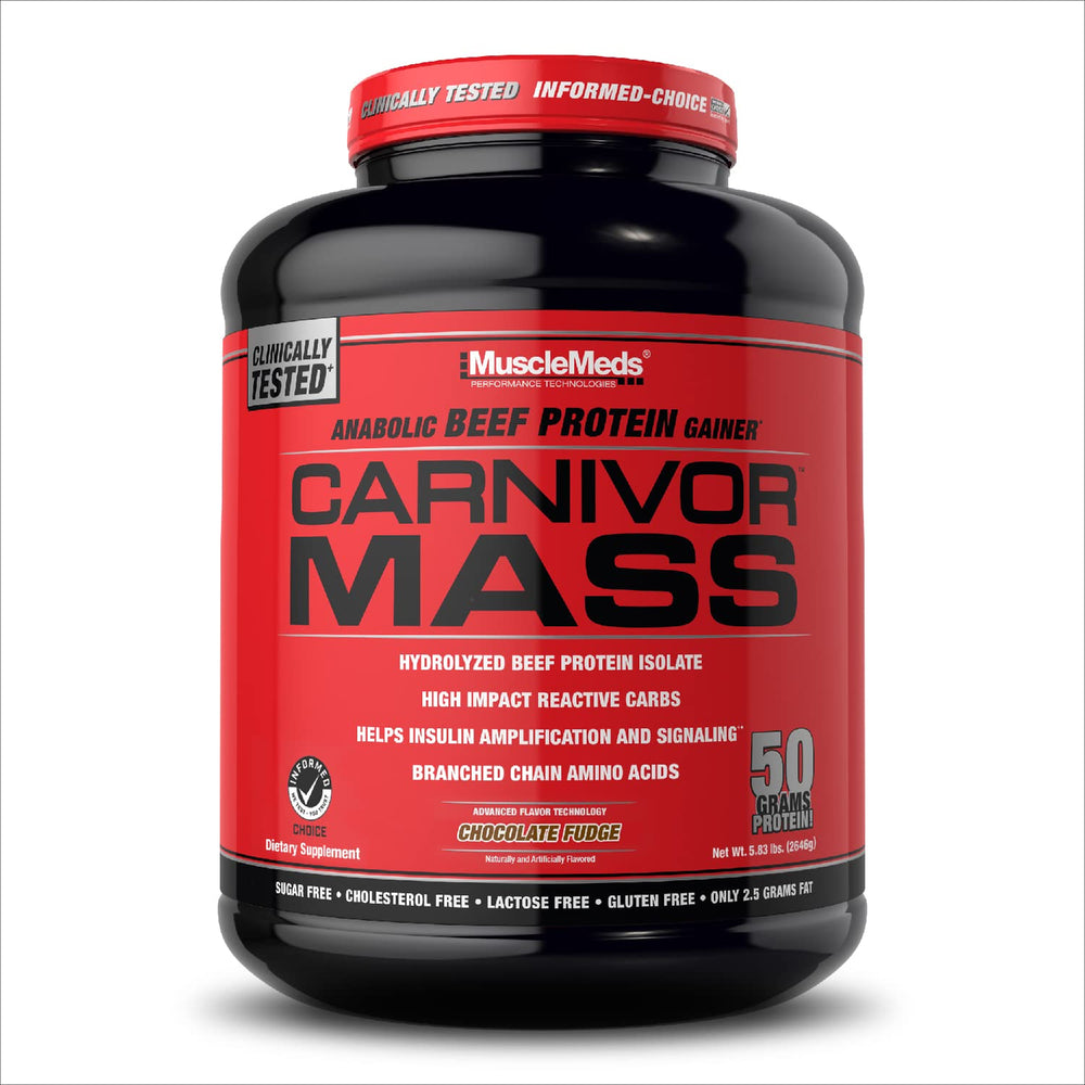 MuscleMeds Carnivor Mass beef protein powder jar for high-protein meals.