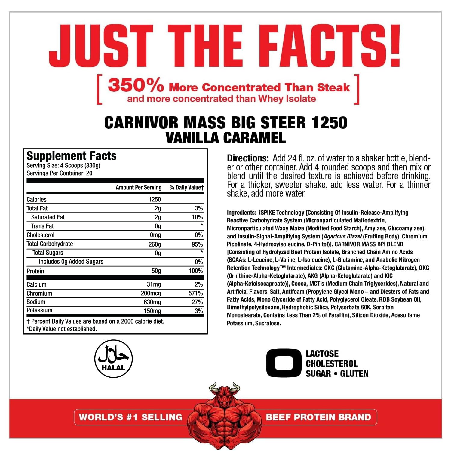 MuscleMeds Carnivor Mass Big Steer vanilla tub back view shows nutrition panel