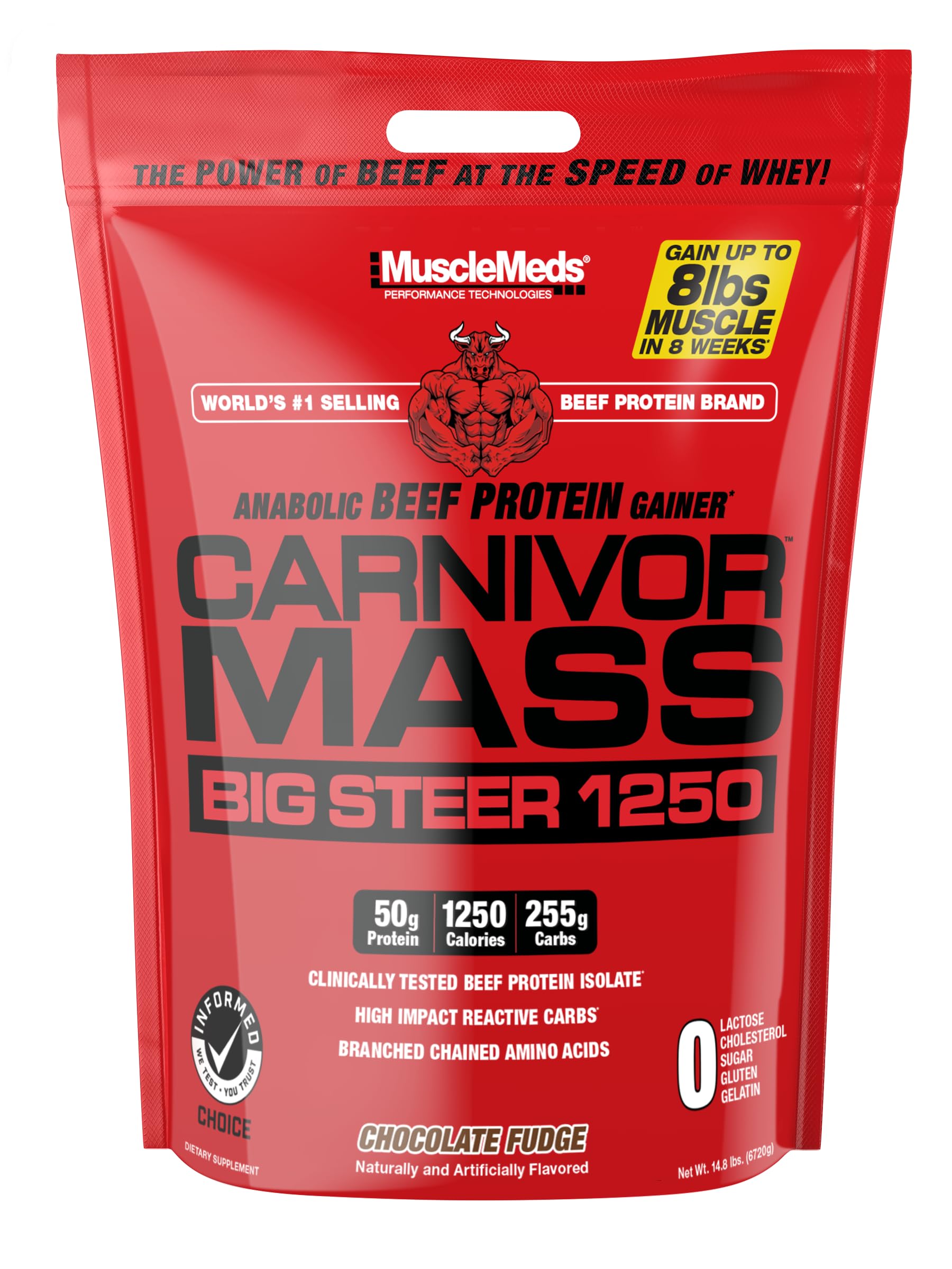 MuscleMeds Carnivor Mass Big Steer vanilla tub front view highlights high-calorie formula