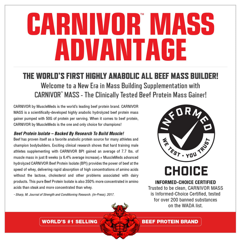 MuscleMeds Carnivor Mass shake with creatine and BCAAs boost.
