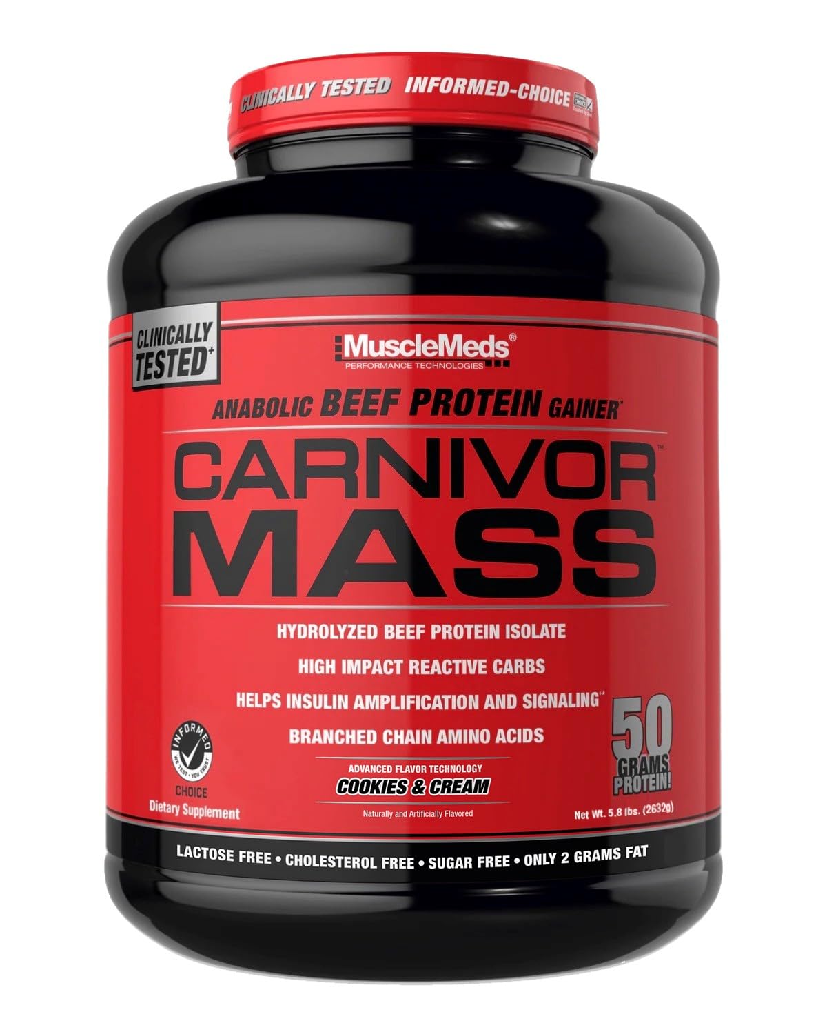 MuscleMeds Carnivor Mass Gainer bottle front shows beef protein isolate for muscle support
