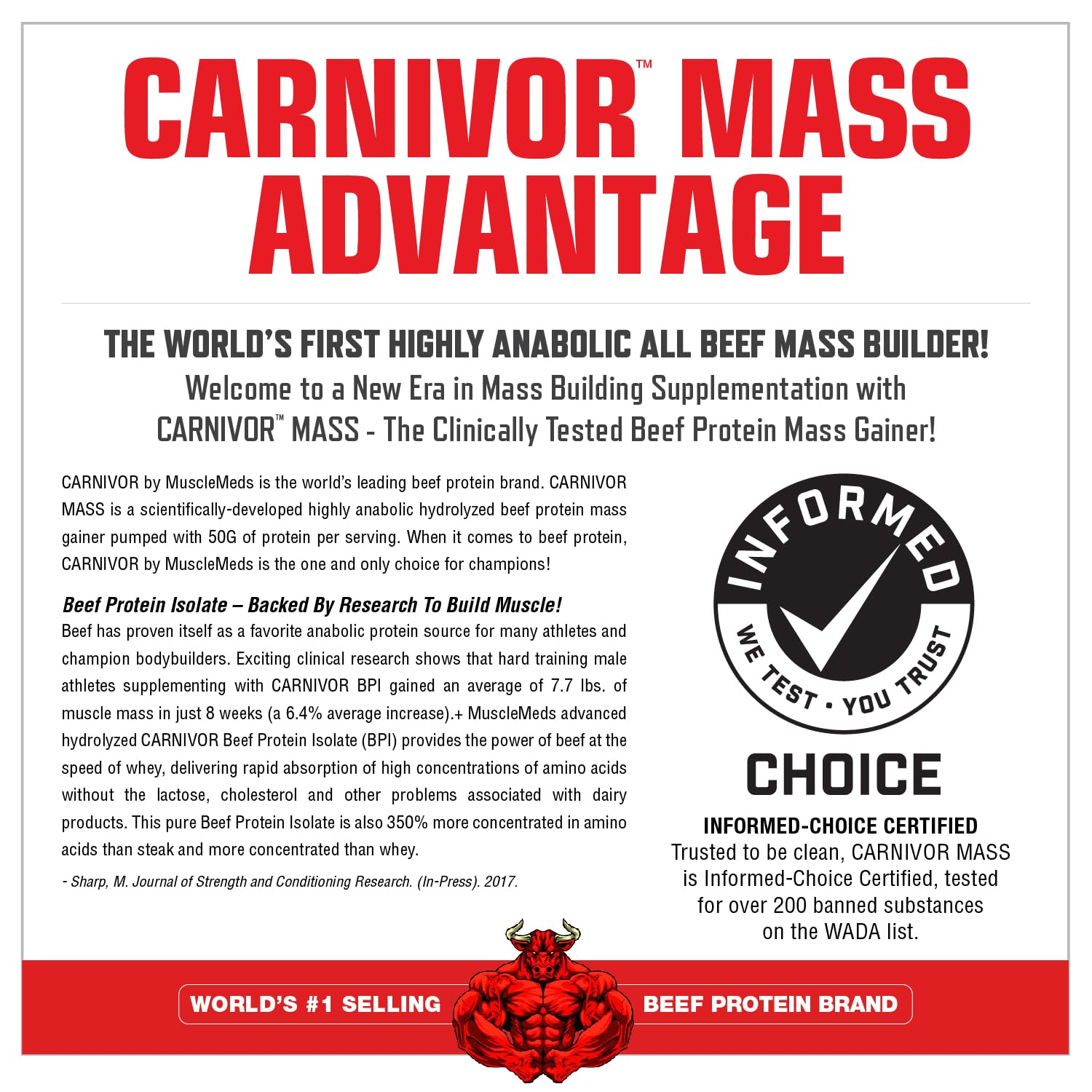 MuscleMeds Carnivor Mass nutrition panel showing 50 g protein and 125 g carbs